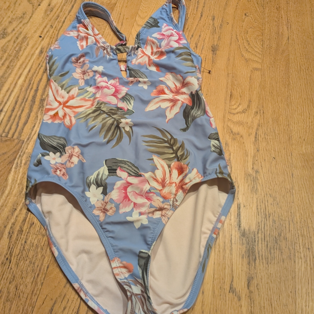 Kona Sol Blue Floral Women's One Piece Swimsuit SWIM LK NEW SMALL SM S